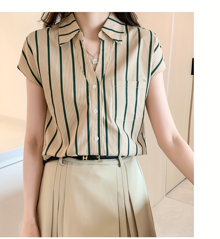 Hong Kong Style Casual Summer New Women's Chiffon Short Sleeve Open Front Shirt Blouse