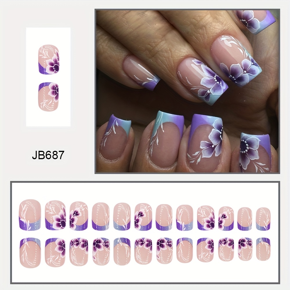 TEMU 24pcs French Purple Flowers Short Square Nail Press On Nail Jelly Glue Removable False Wearing Send Jelly Nail File Sticks For Free