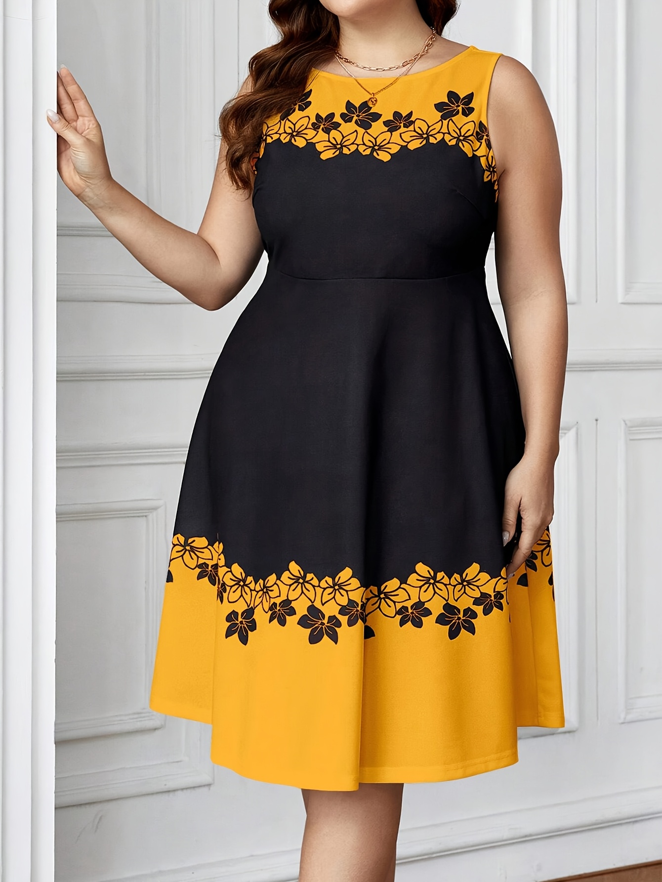 women's plus size elegant floral print sleeveless midi dress