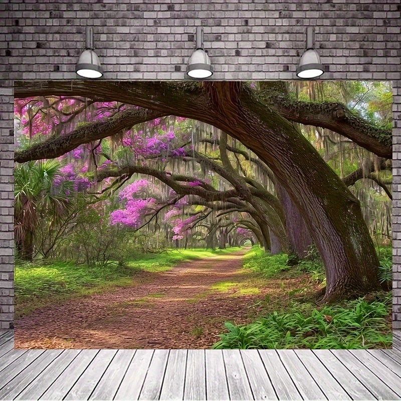 1pc garden park scenery backdrop for photography old tree lined path purple flowers beautiful forest jungle backdrop for party outdoor party photoshoot studio props