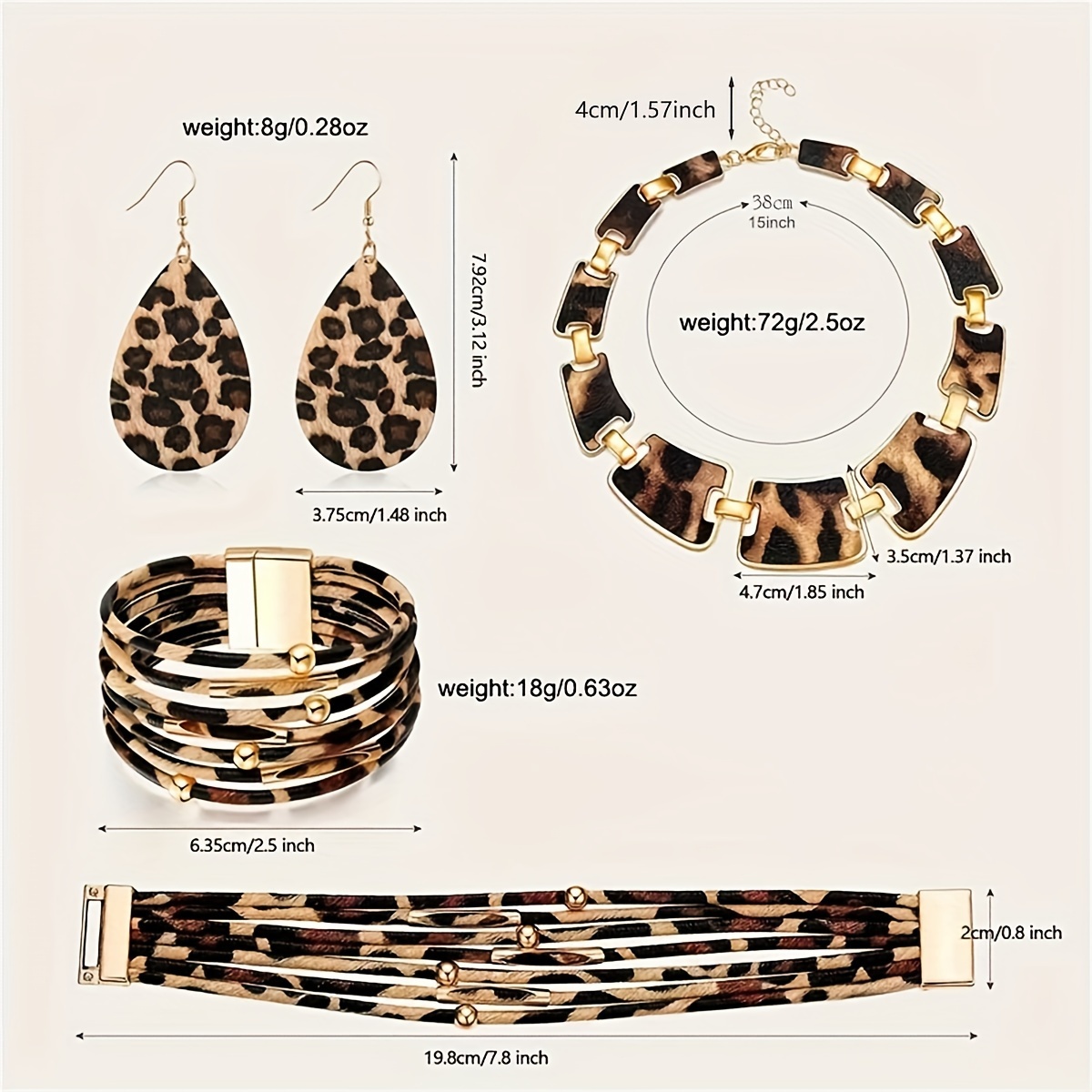 4pcs leopard print jewelry set vintage earrings necklace and bracelet elegant party jewelry birthday gift for teen girls details 3