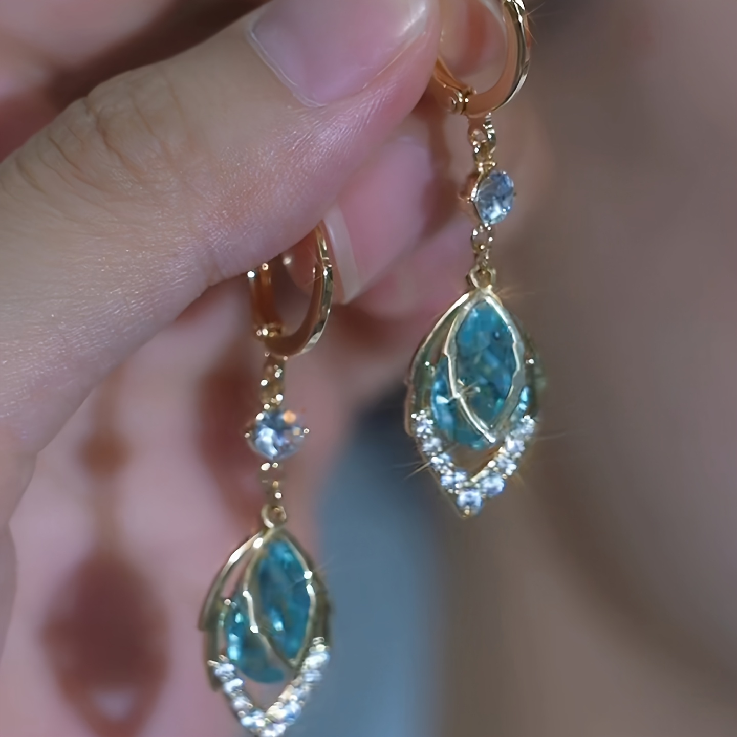 TEMU Light Luxury Ultra-sparkly Blue Synthetic Zirconia Teardrop Pendant Hook Earrings For Women, Elegant Temperament Ear Accessories