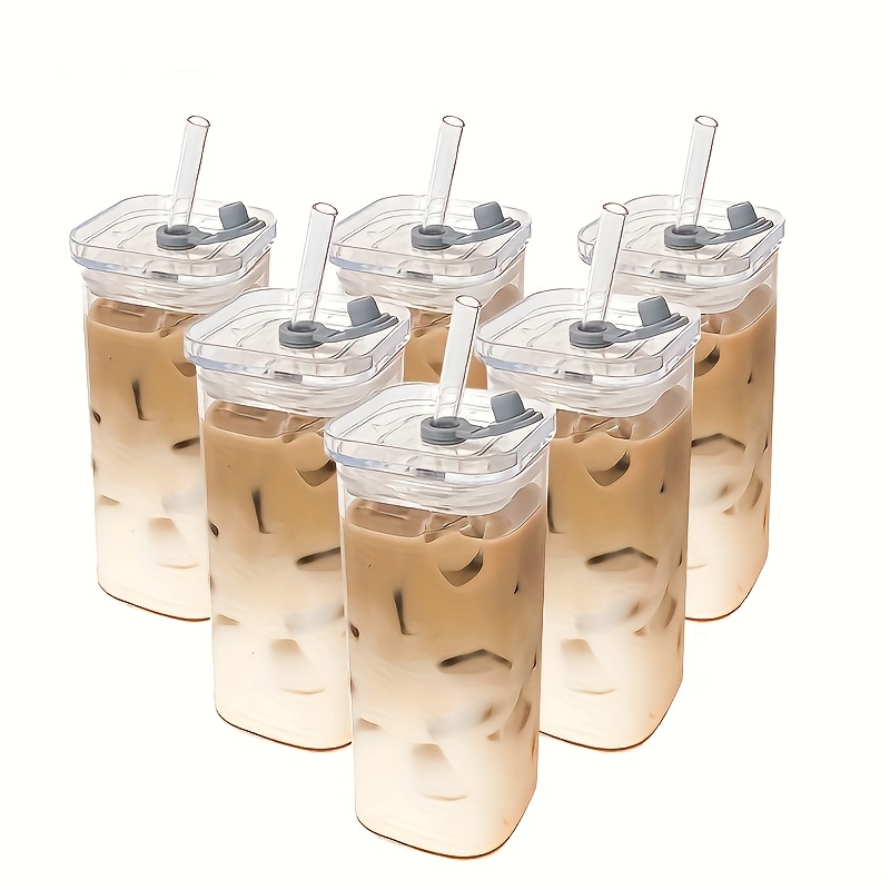 E-shop KAPLAN, 6 Stück Quadratische Glasbecher mit Deckeln, Tragbare Trinkgläser, Perfekte Kaffeetassen, Inklusive Glasdeckel/Strohhalme, Geschenk für