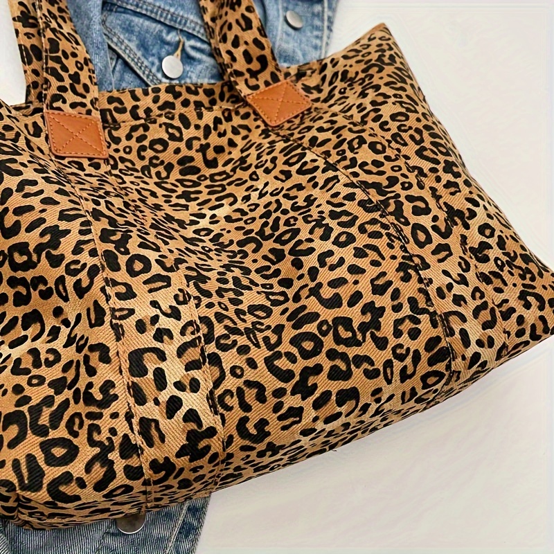 chic leopard print canvas tote bag for women spacious shoulder handbag with zip closure nylon lined details 1