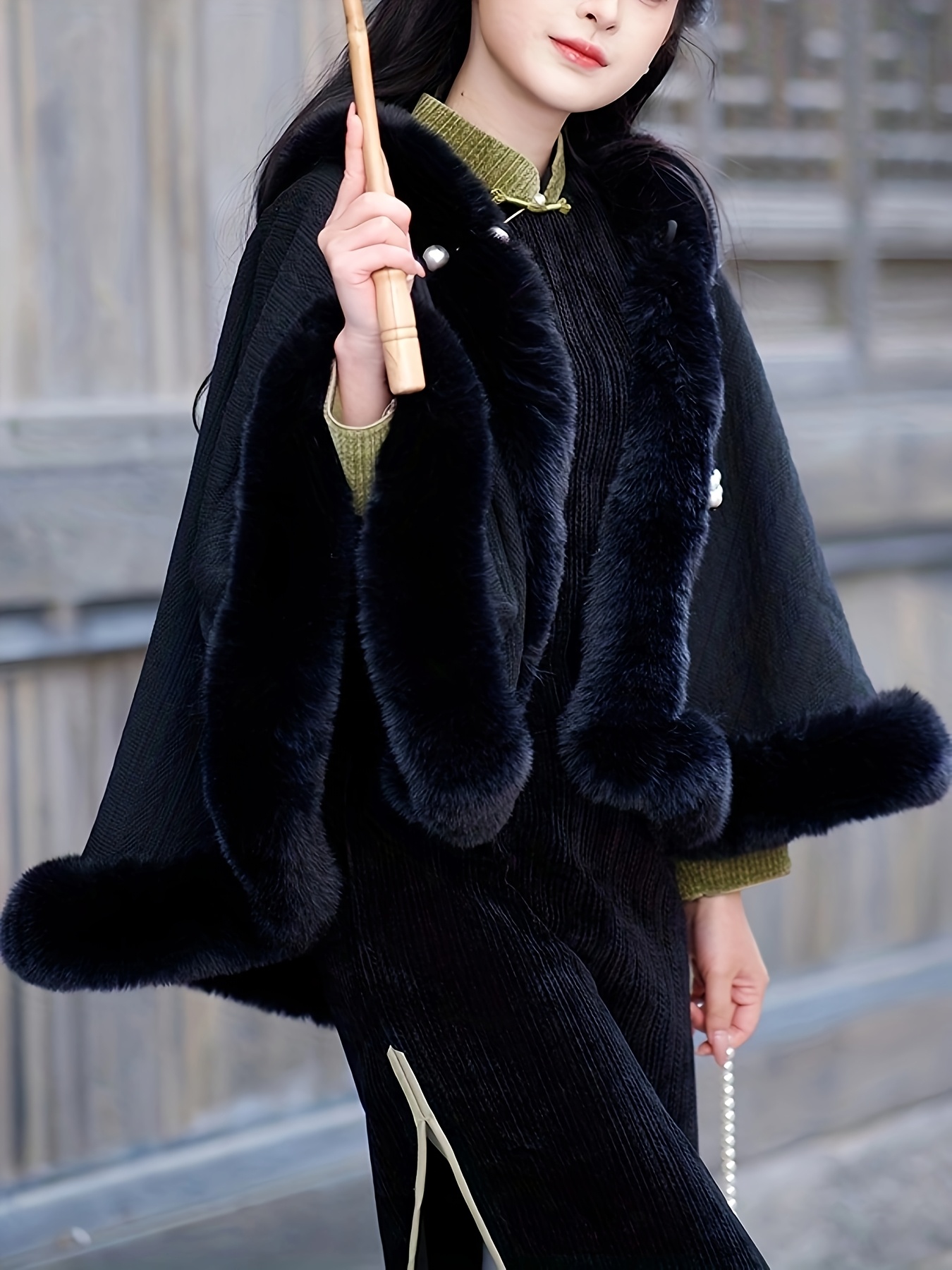 Women's Elegant Winter Cape-Style Shawl Plush Fur Lined Loose Fit Short  Length with Beaded Accents, Hand Washable Solid Color for Fall/Winter F