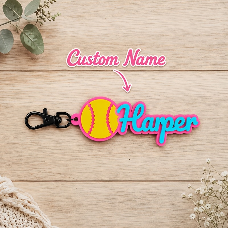 TEMU [customized] 1pc 2d Flat Custom Name Keychain Personalized Name Acrylic Baseball Softball Letter Keychain Initial Alphabet Graduation Gift