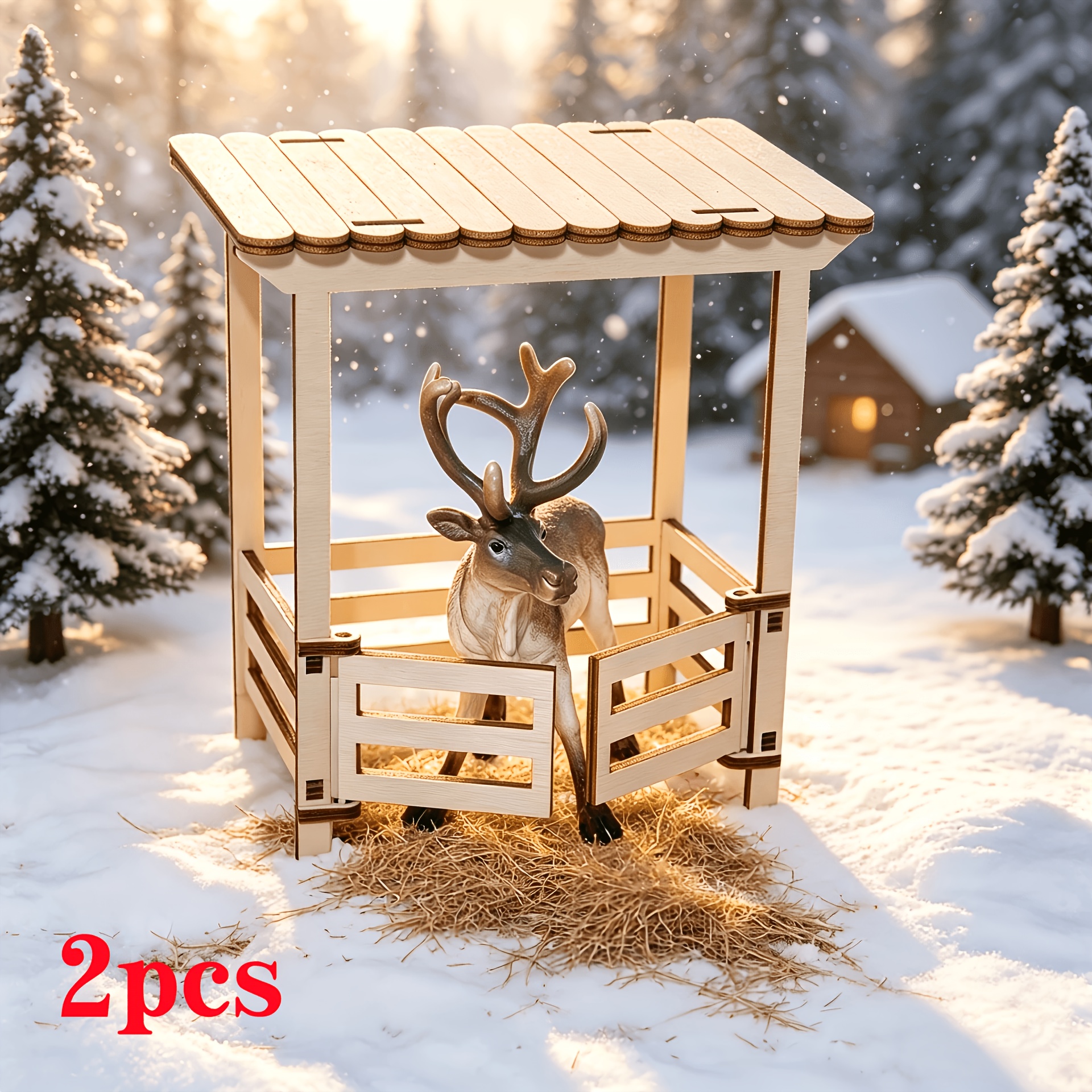 TEMU 2pcs Christmas Holiday Cottage Decorations, Reindeer And Reindeer Shed, Gnome Door And Christmas Miniature Gnome Additions, Including Reindeer,
