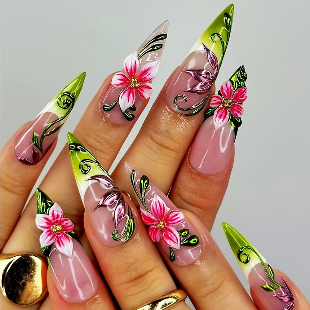 TEMU Améliorez , 24pcs Faux Ongles Longs en , Design d'Ongles à avec Fleurs de Perles en Relief 3D, Patch d'Ongles Brillants Faux Ongles Détachables