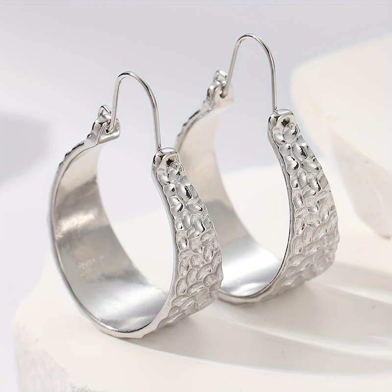 Vintage Boho Silver Plated Hammered Hoop Earrings