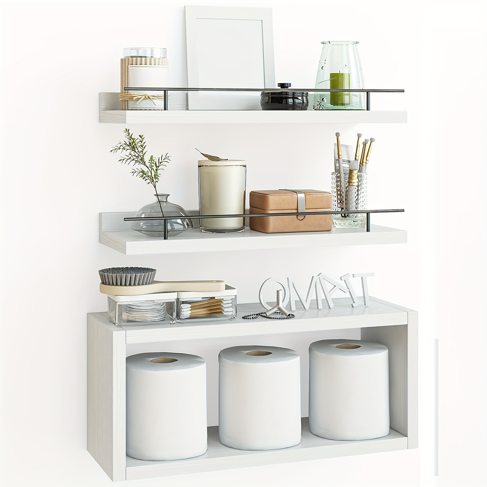 

Set Of 3 Floating Shelves With Cube Shelf Modern Bathroom Shelves With Metal Rail, Over Toilet Shelf For Bathroom White Wall Decor In Bathroom, Bedroom, Living Room, Kitchen, Multiple Sizes