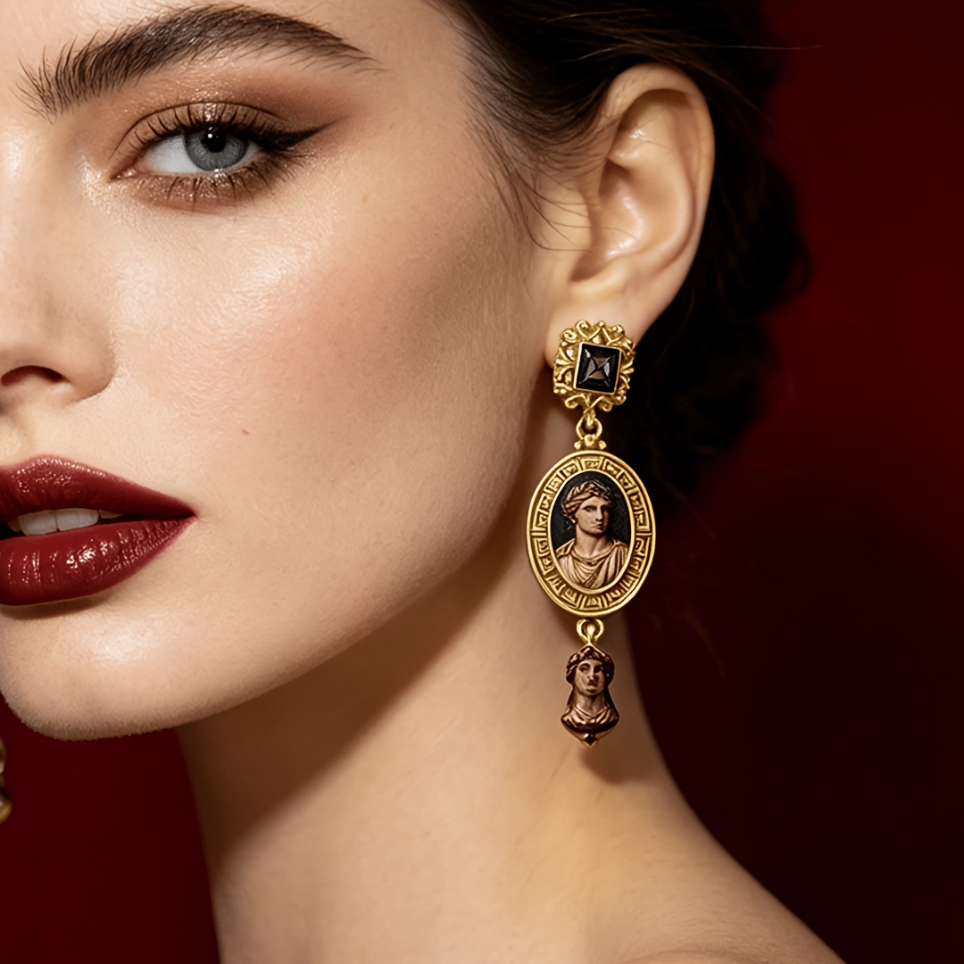 TEMU A Pair Of Vintage Versatile Painted Oil Painting Figure Oval Pendant Stud Earrings For Women, Suitable For Daily Casual Wear And Parties