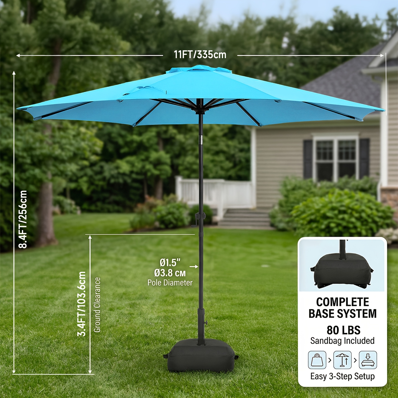 11   patio umbrellas with included base suitable for outdoor use poolside featuring 8 durable ribs and a fade resistant polyester canopy for gardens lawns decks backyards and pools