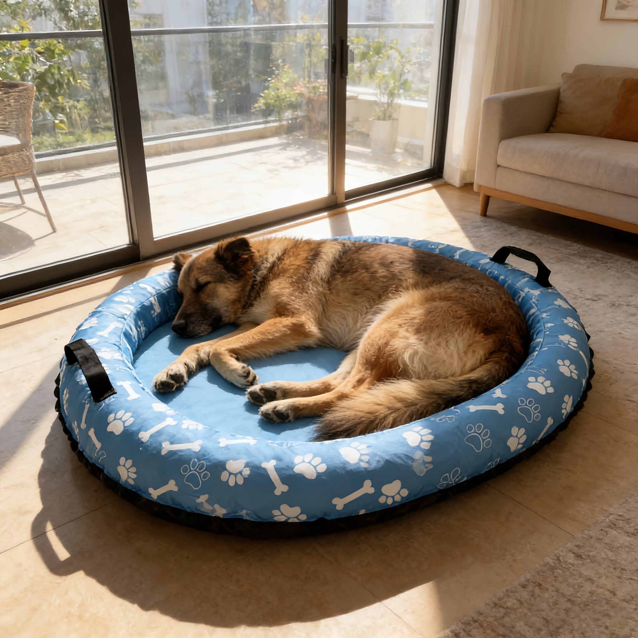 blue yellow and orange three   print pet inflatable bed dog bed pet float pet float bed foldable and portable suitable for large medium and small dogs and cats multi purpose   used for playing in water and as a nest Product details 1