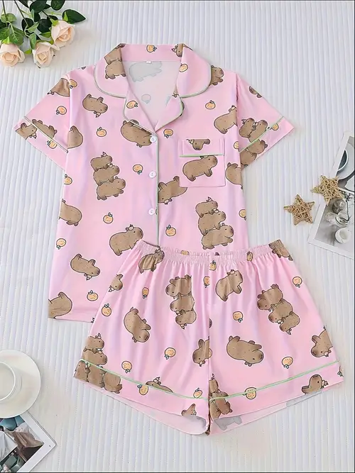 two piece womens sleepwear set full body print short sleeved button top and matching shorts knitted fabric suitable for collar and pocket details womens adult sleepwear set