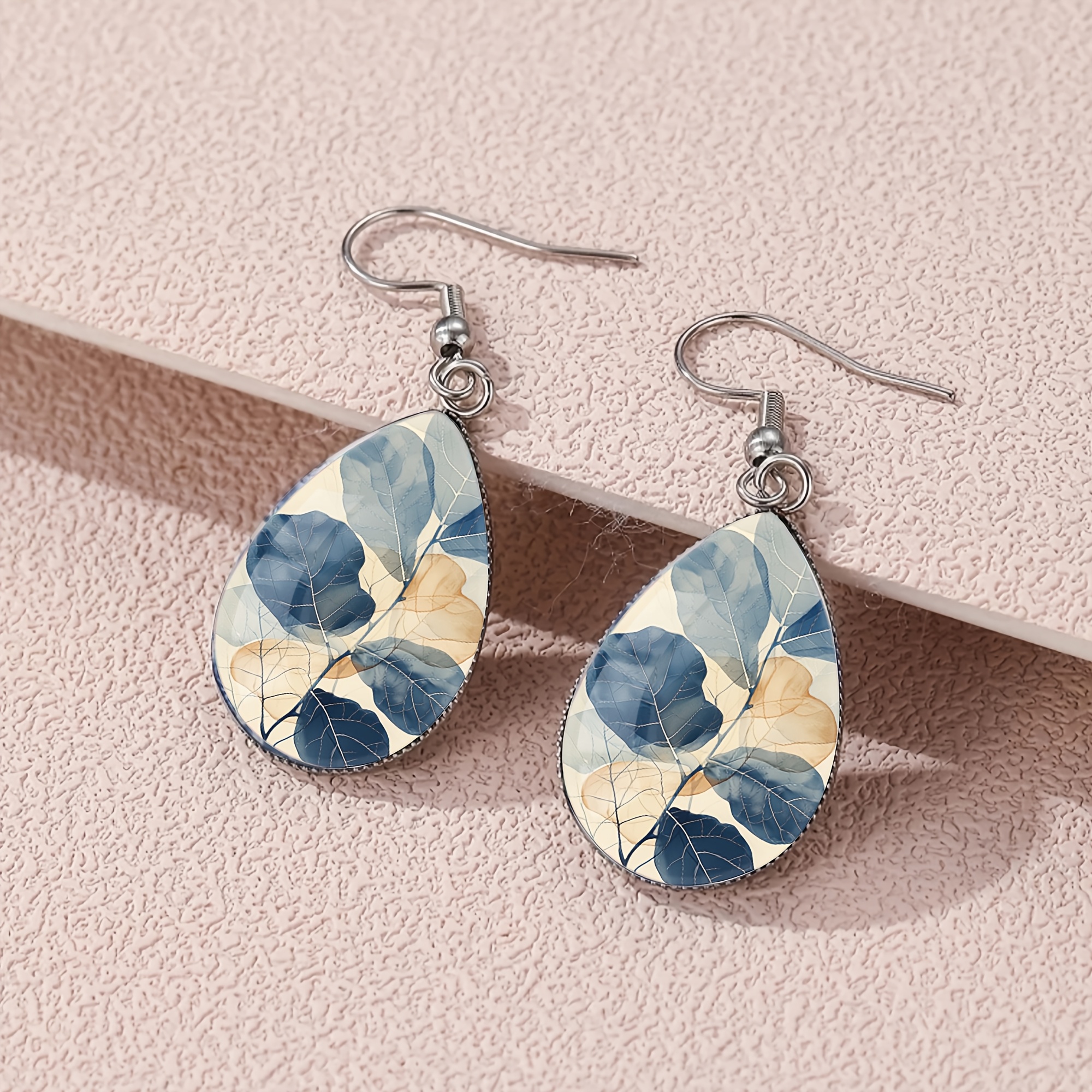 TEMU 1 Pair Ink Leaf Vein Leaf Pattern With Convex Glass Steel Earrings, Style Suitable For Women' Vacation Jewelry Ear Jewelry