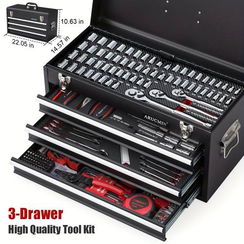 438pcs mechanics tool set with 3 drawer heavy duty metal box repair tool kit