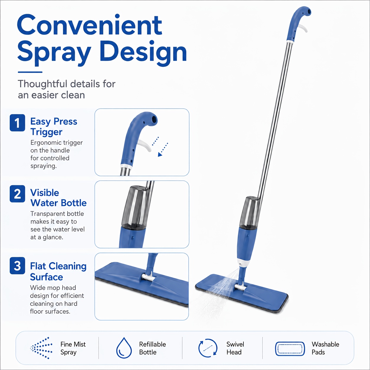 spray mop set 1 mop 6 replacement pads with water spray function rotating mop head suitable for wood floors tiles and daily household cleaning Product details 3