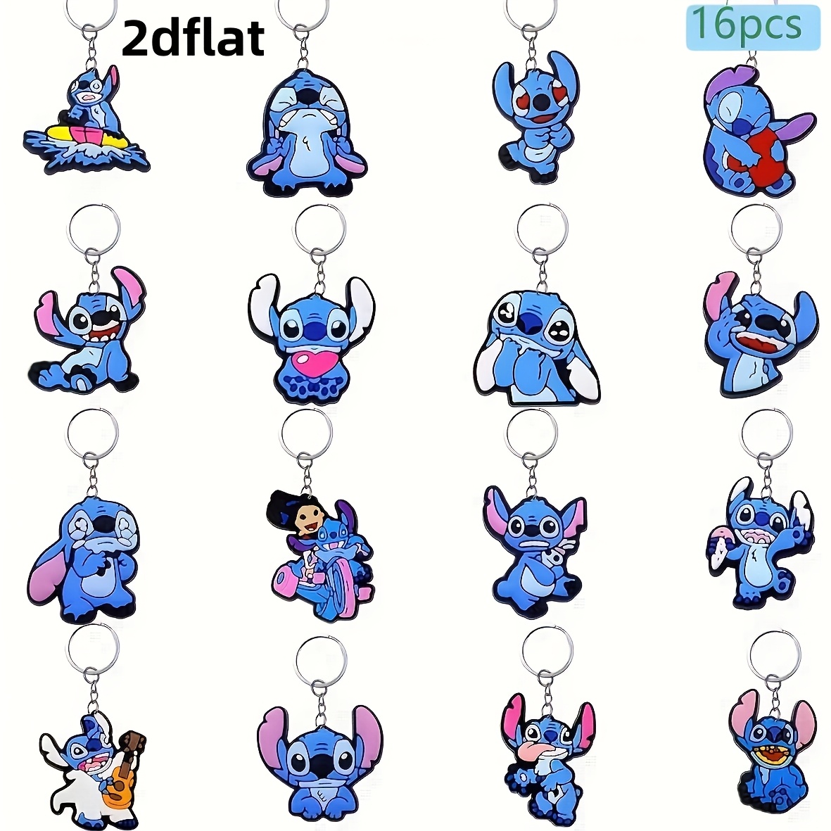 E-shop 2D Flach, Stitch 16-tlg. niedliches -Schlüsselanhänger-Set, stilvolles Schlüsselanhänger-Accessoire für Paare als Geschenkempfehlung, 2D flacher