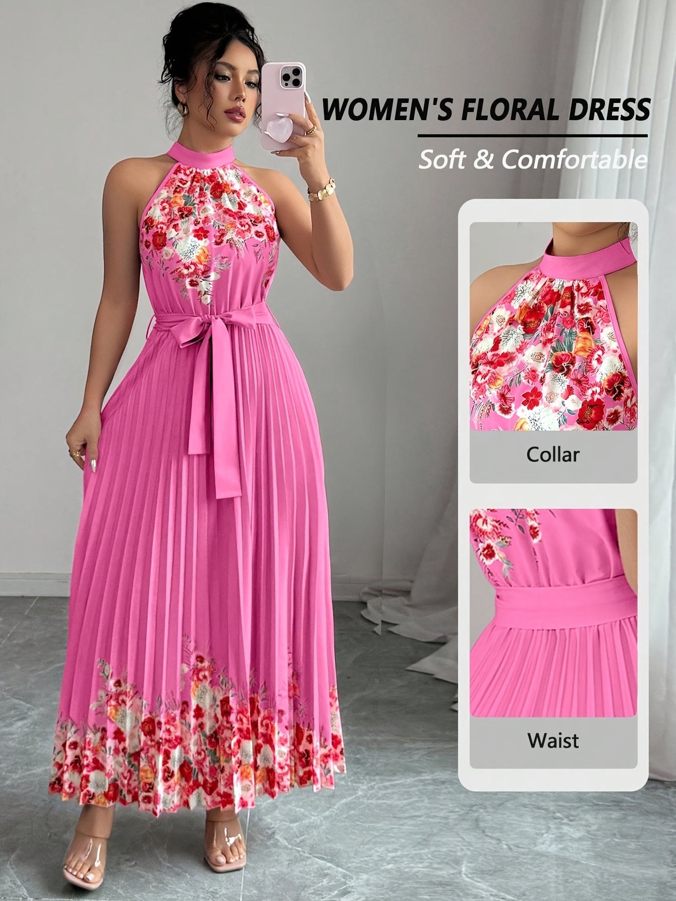 Fashionable New Women'S Summer Halter Floral Print Pleated Dress