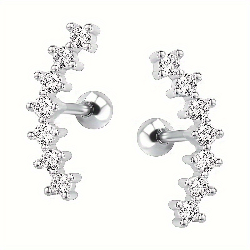 

1 Pair Curved Cubic Zirconia Stud Earrings, Stainless Steel Cartilage Piercing Earrings