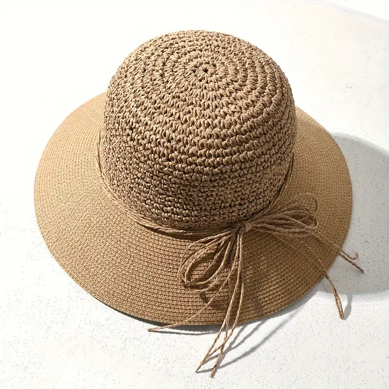 Khaki Vacation Sun Hat, Bucket Hats, Men's Handmade 1pc Hats for Men Wide Brim Straw Beach and Foldable Packable for Travel Hat,Temu