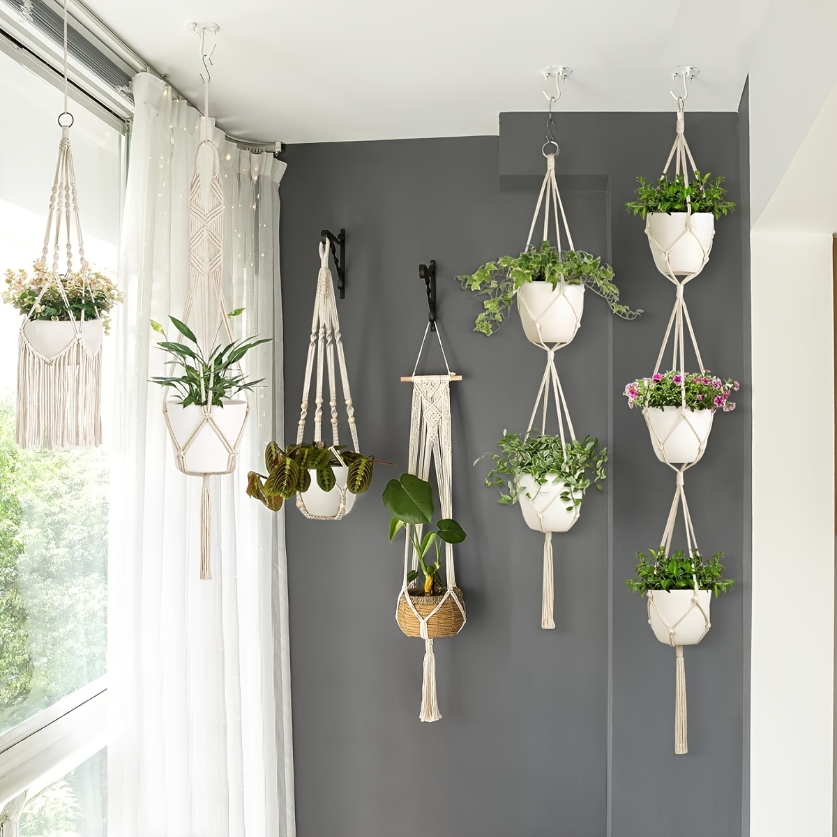 Makramee Blumenampel Aus Baumwolle – Hängekorb Für Pflanzen, Deko Für Wohnzimmer, Balkon & Garten
