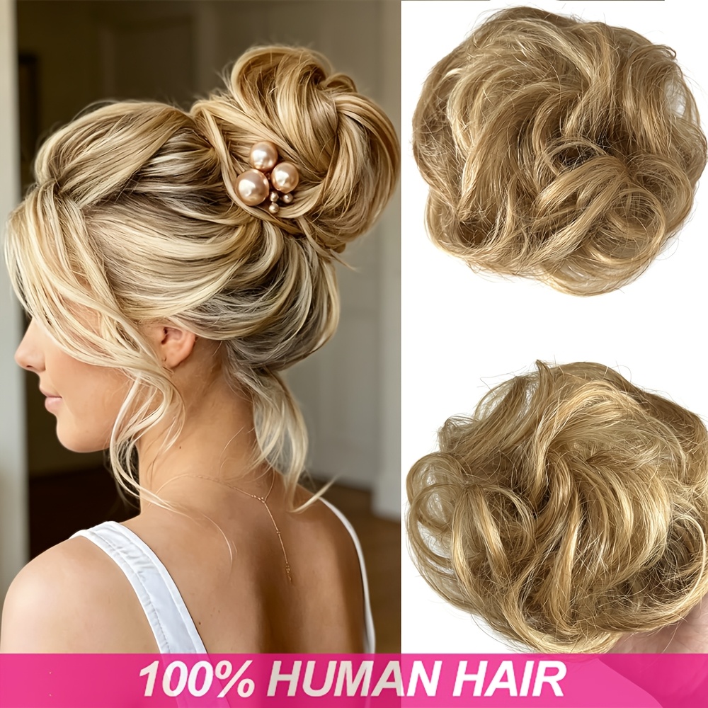 TEMU Human Hair Hair Pieces Suitable For Women - Natural Looking Wavy Curly Bun Updo Extensions With #27/613 Color, Messy Bun Ponytail Wig For Daily