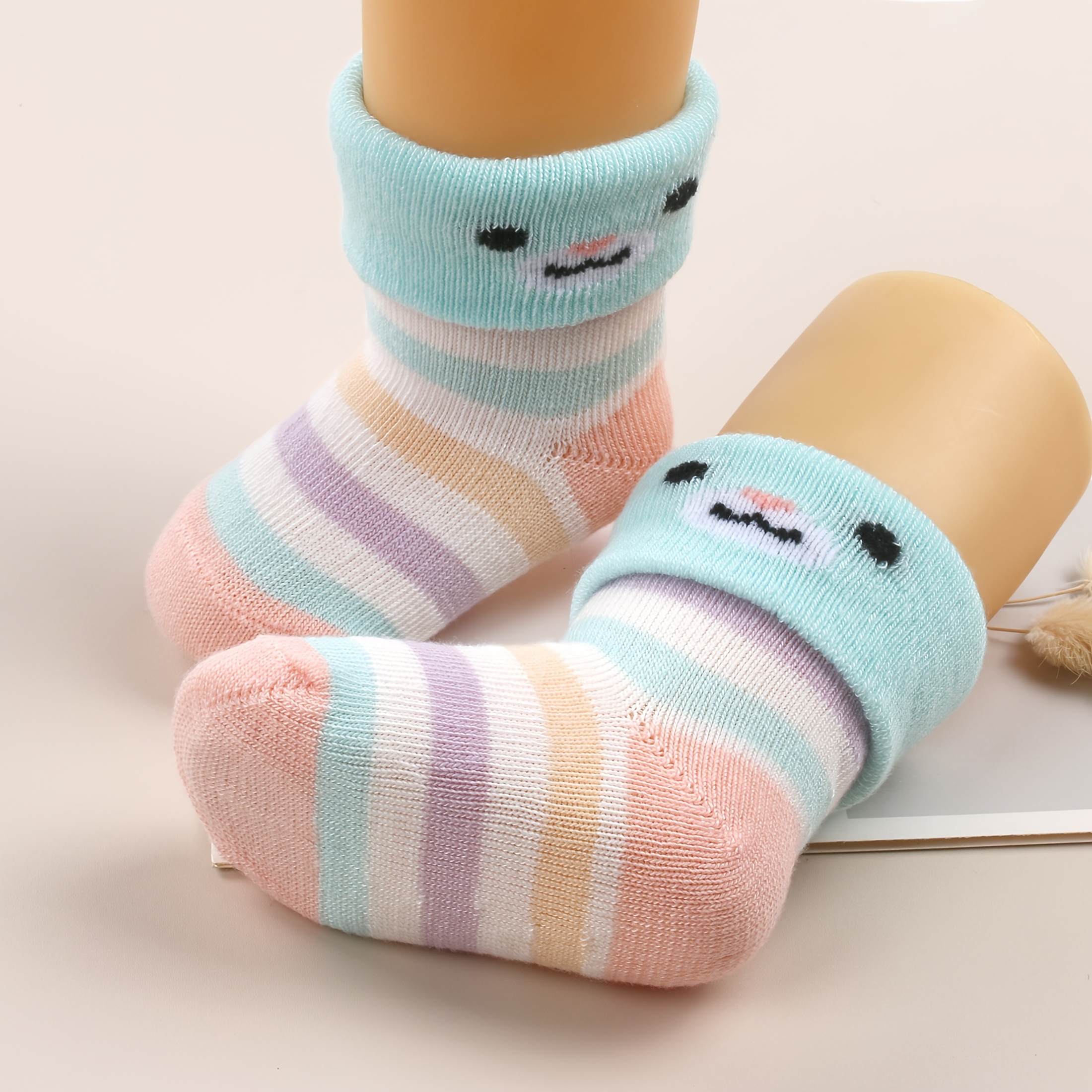 5 Pairs of Cute Cartoon Animal Pattern Socks for Infants and Young Children; Macaron Striped Cuffed Design Baby Socks; Skin Friendly, Comfortable, Breathable Newborn Sock Set; Baby Gift