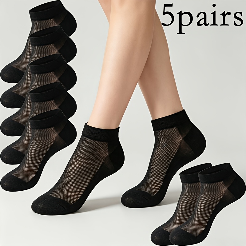 TEMU 5-pair Women' Black Breathable Mesh Ankle Socks - Thin Hollow-out Short Socks Suitable For Commuting, Office, Sneakers &, Spring/autumn Casual