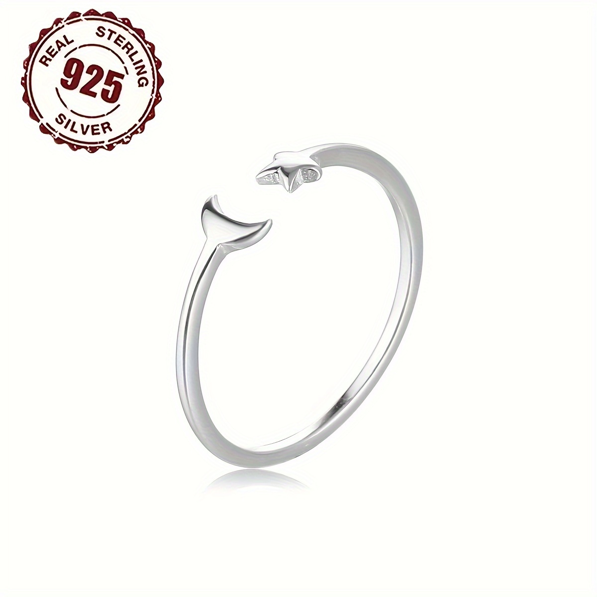 

Elegant Simple 925 Sterling Silver Crescent Moon And Star Open Ring, Adjustable No Plating Jewelry For Women And Girls, Perfect For Daily Wear And Ramadan Gifts (0.7g/0.025oz)