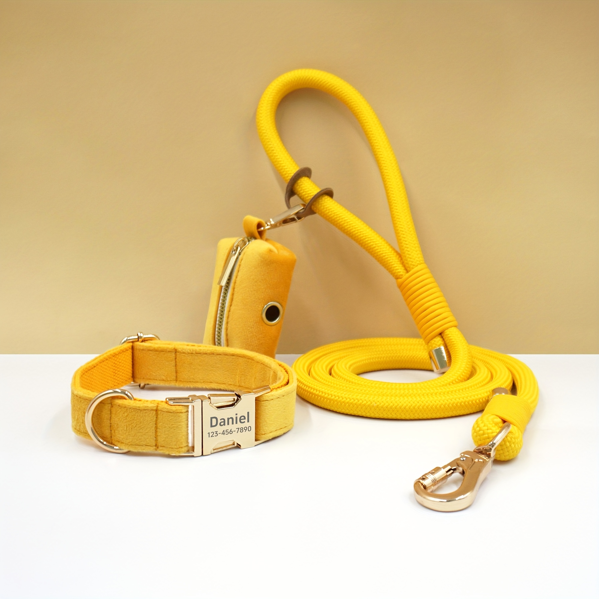 Customizable Soft and Comfortable Velvet Pet Dog Collar with High-Tensile Zinc Alloy Hook Buckle, Hand-Woven Round Rope Waste Bag Set. Free Laser Engraving of Pet Dog's Name and Owner's Phone Number. Dog Birthday Gift, Wedding Gift, Christmas Gift