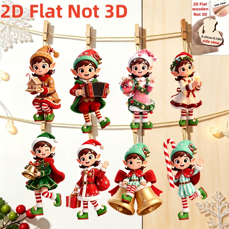 TEMU 2d Flat, 8pcs Set Of Cute Christmas Elf Wooden Hanging Ornaments. Adorable Christmas Wearing Different Christmas Outfits. Christmas Tree