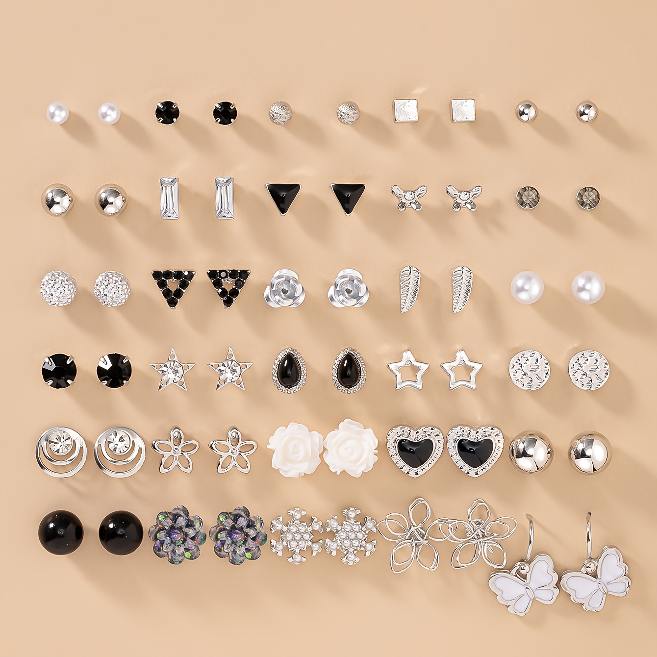 TEMU A Set Of 60pcs Casual Large Set Combination Earrings Heart-shaped Small Stars Flowers Butterflies Triangles Cute Round Multi-piece Set