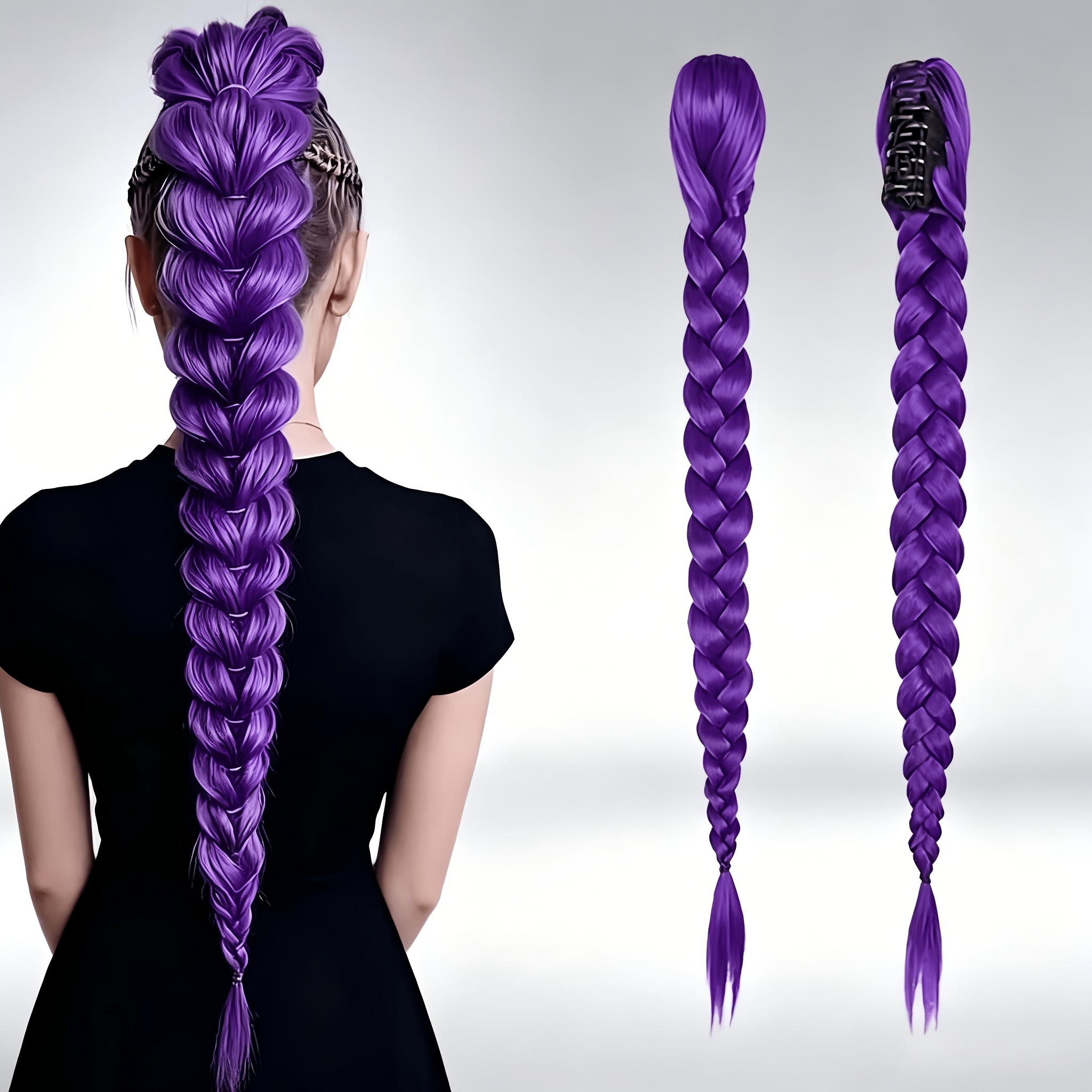 TEMU 14inch Kpop Purple Long Hair Fishtail Braid Hair Clip Ponytail Synthetic Wig | High-temperature Fiber, Curly Waves, Suitable For Adult Women,