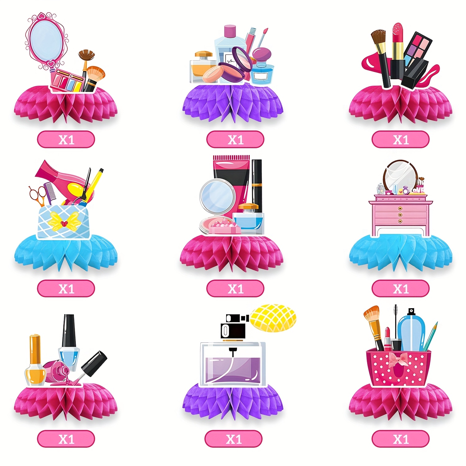 Image of 9pcs Spa Honeycomb Centerpieces Spa Table Topper Make Up Table Decorations 3d Cosmetics Party Supplies Nail Lipstick Photo Booth Props For Make Up Birthday Anniversary Party Supplies