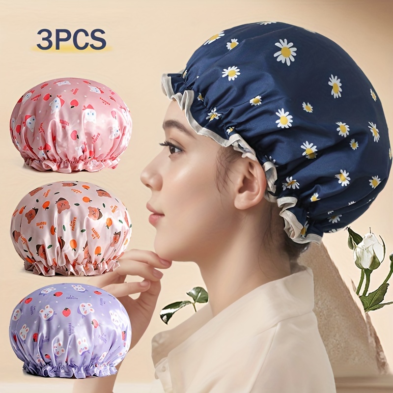 

3-pack Reusable Waterproof Shower Caps With Band, Polyester Hair Caps For Women, Printed Styles For Bath, Spa, Salon Use