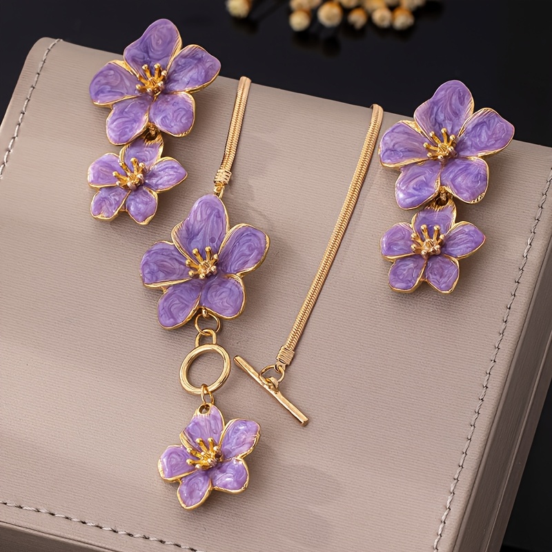 TEMU Un set di tre pezzi (borchie per l'orecchio + collana) caratterizzato da un elegante e raffinato stile boh矇mien da con design a fiori di uovo,