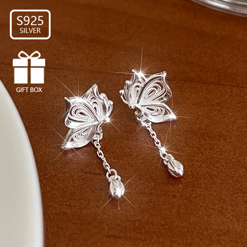 

A Pair Of 925 Silver Fashion Simple And Sweet Hollow Earrings With Fresh Lotus Tassel Pendant Earrings Suitable For Parties And Gatherings, A Gift For Girlfriends And Friends.