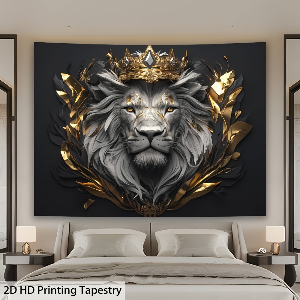 Majestätischer Löwe Mit Krone Wandteppich Für Wohnzimmer Deko_voghion.com