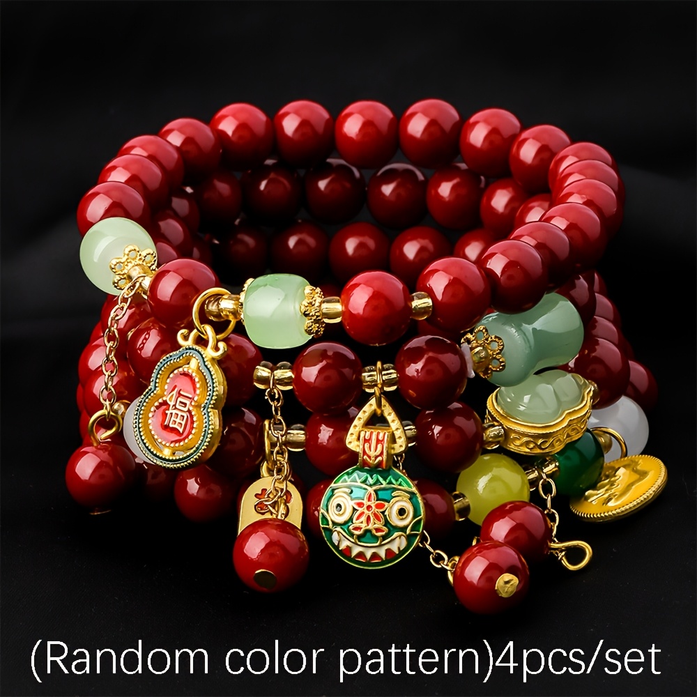 TEMU Bohemian Handmade Beaded Bracelet Set, 4pcs - Elegant Jade Gourd Pendant, Festive Banquet Jewelry For Women, New Year Gift (color And Style