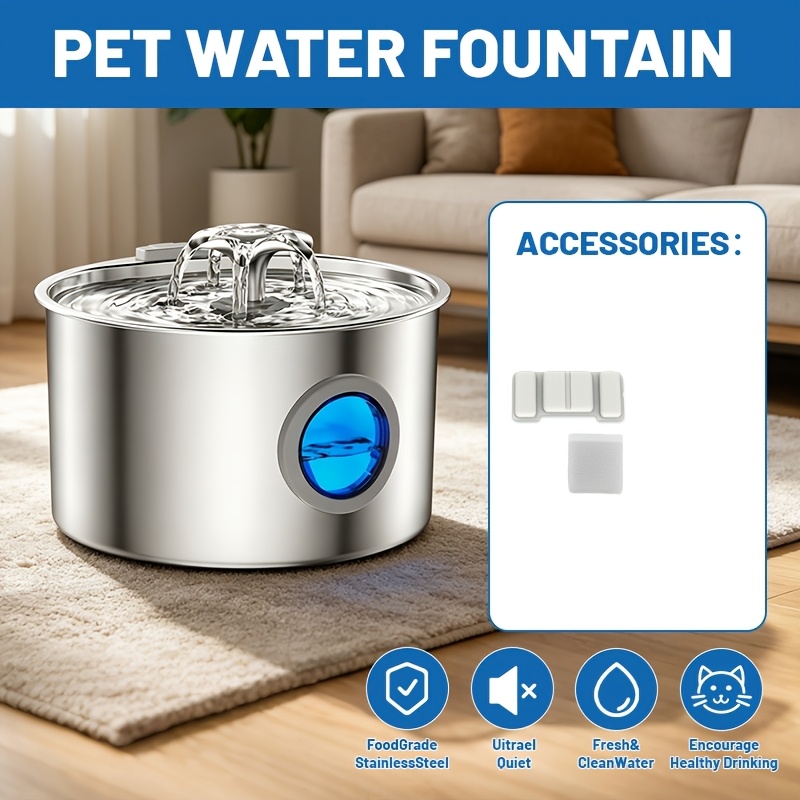 TEMU 3.2l Cat Fountain Pet Fountain Stainless Water Dispenser Automatic Cat Fountain, With Window Multi-filtration System Silent Suitable For Easy To