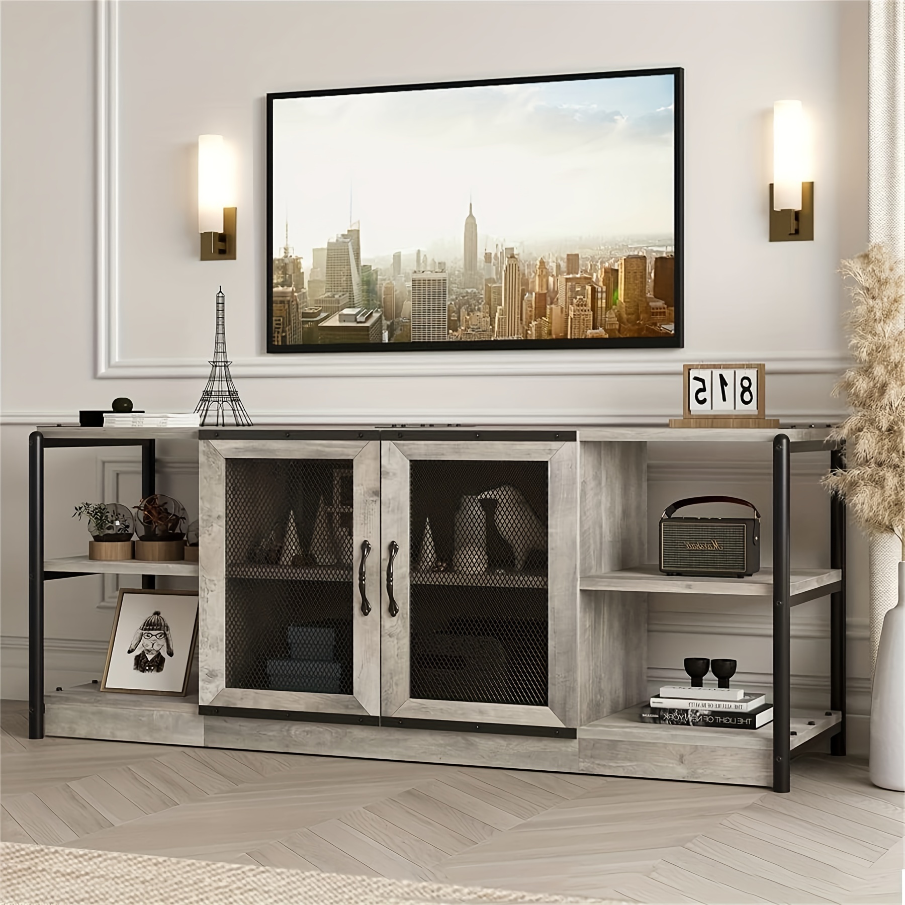 1pc TV Stand For 65+ Inch TV, Industrial Entertainment Center TV Media Console *net, Farmhouse TV Stand With Storage And Mesh Door, * *