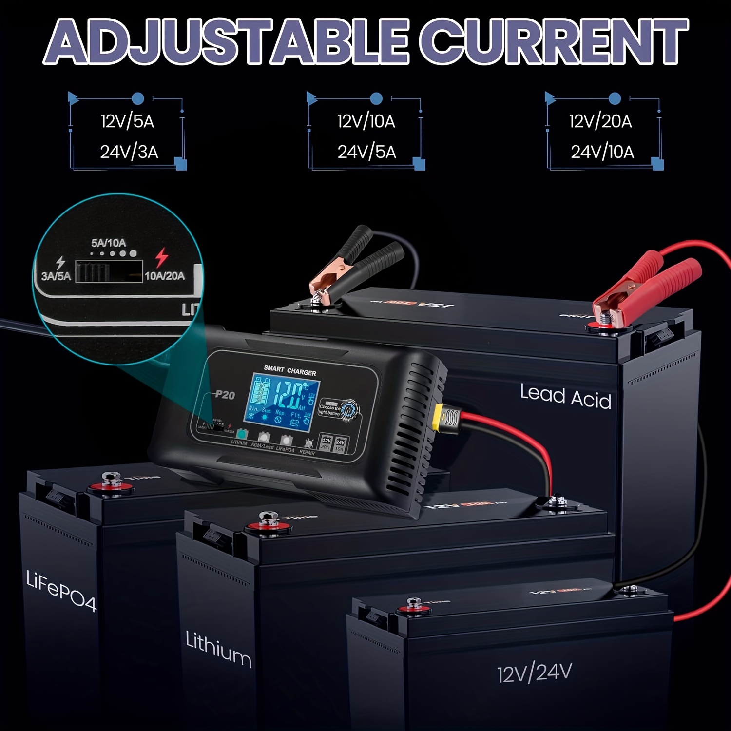 

20-amp Charger, 12v/20a And 24v/10a.lithium Trickle Charger Lifepo4, Lead-acid Car Battery Charger, Maintainer/ Repair Charger, For Car, Boat, Motorcycle, Lawn Mower