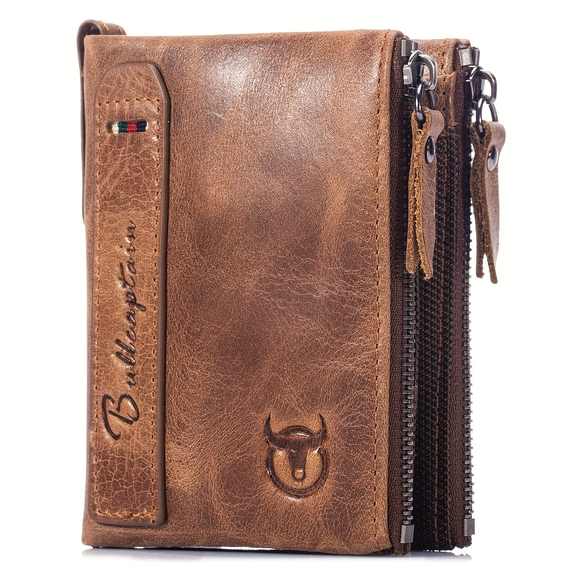 Image of Bullcaptain Men's Genuine Leather Wallet, Vintage Style, Animal Pattern, Braided Weave, Ruffle Detail, With Dual Zipper Pockets, Men's Everyday Wallet | Retro Charm Wallet | Crafed With Detailing
