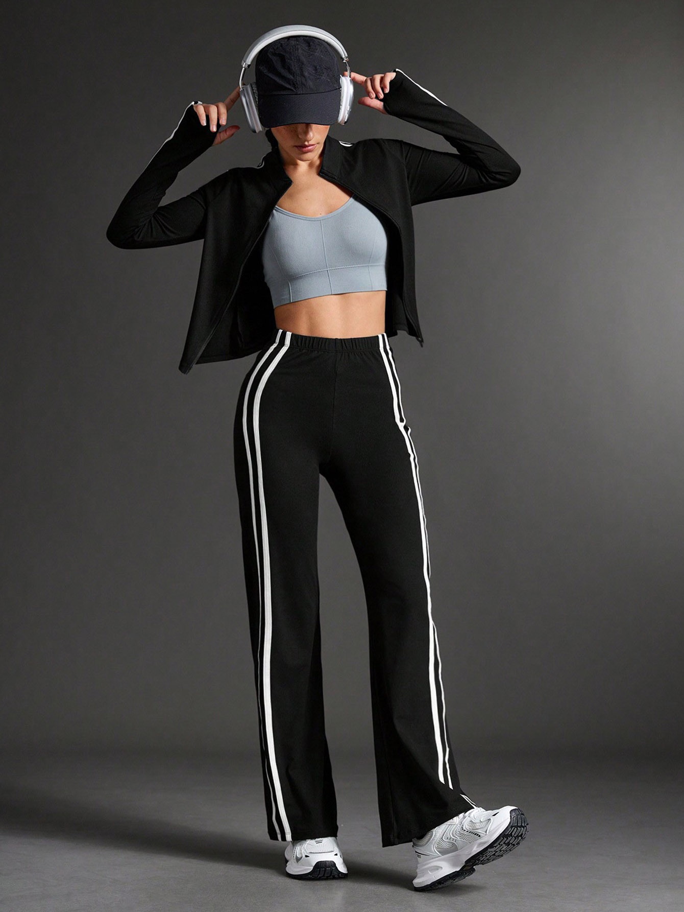 yoga suit two piece set with jacket and straight pants fitness outfit, women's jogging sportswear, black stripe yoga workout suit