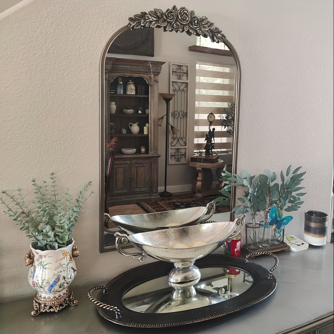 TEMU Large Baroque Arched Wall Mirror With Vintage Brass Frame - 90Ã60cm Vertical Glass Mirror Suitable For Entryway, Living Room, Hallway - Vintage