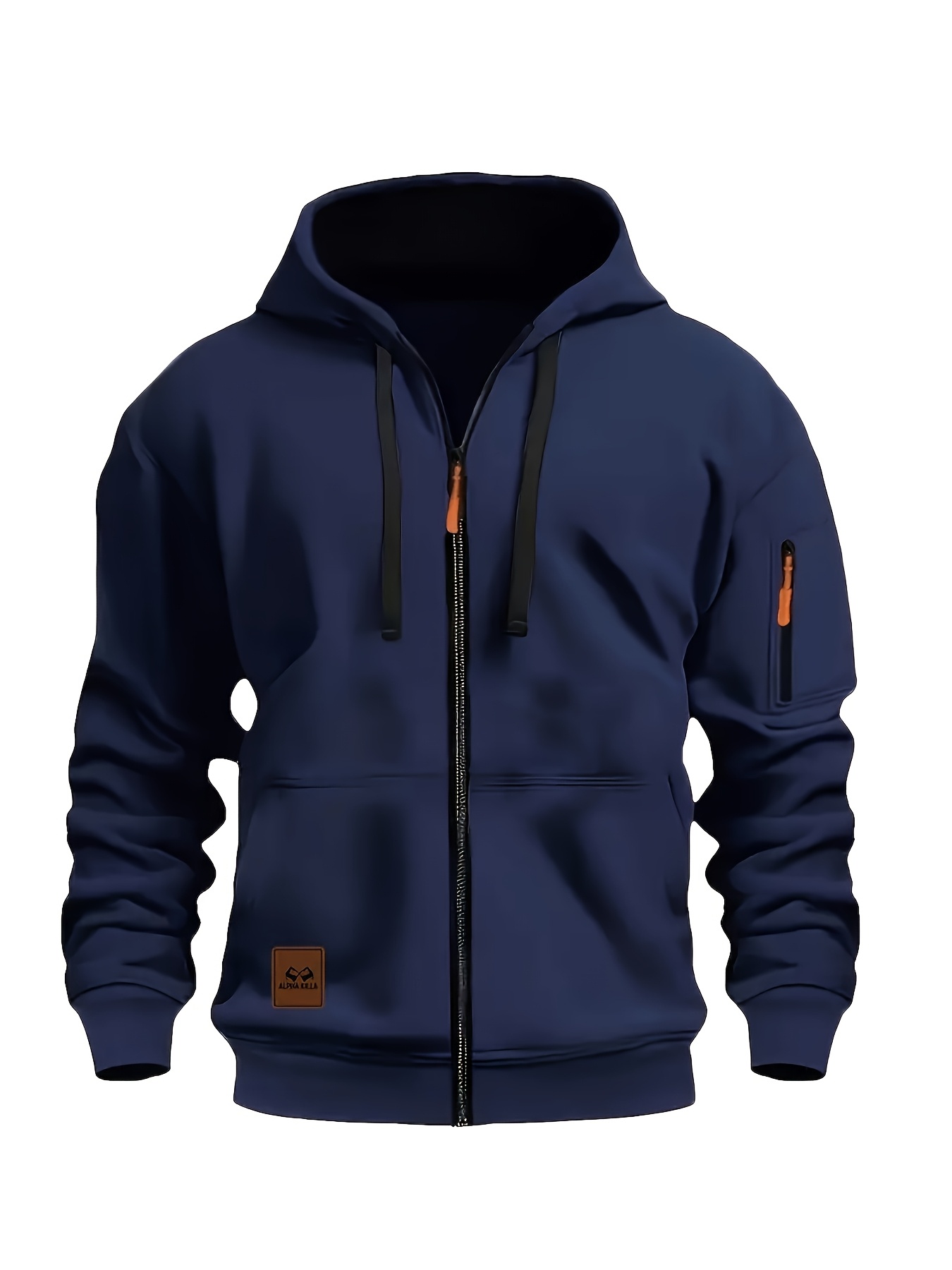 Men S Navy Blue Zip-Up Hoodie with Orange Accents - Cozy Long Sleeve Pullover for Fall & Winter, Casual Outdoor Wear, Comfortable Regular Fit, Zippered Front, Polyester Blend, Autumn Winter Apparel | Zippered Hoodie | Polyester Blend Hoodie