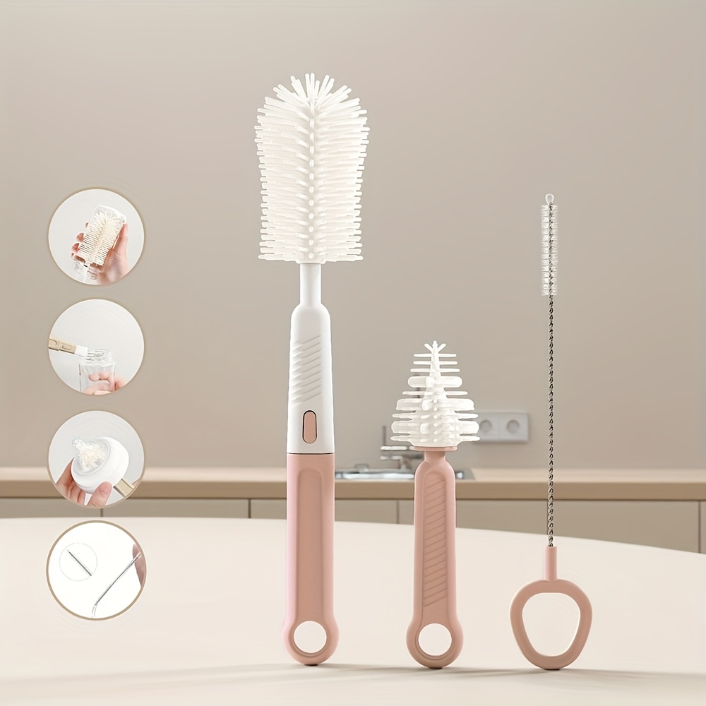 TEMU 3pcs Silicone Bottle Brush Set - Soft Bristle Teething Cleaning Brush For Pacifiers, Suction Cups & Mouthwash, Sensitive Light Beige, Easy To