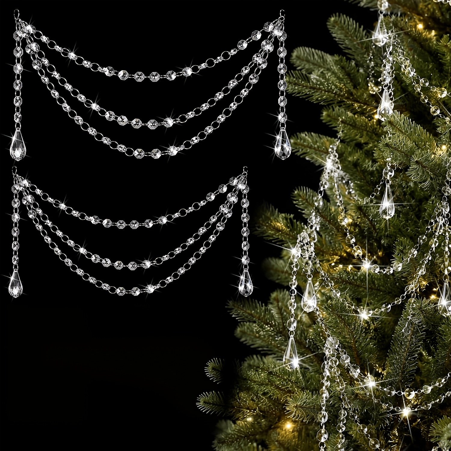 TEMU 2pcs 3-layer Christmas Crystal Garland For Christmas Tree, Pendant Crystal Garland Strands, Clear, Christmas Tree Hanging Ornaments, Acrylic