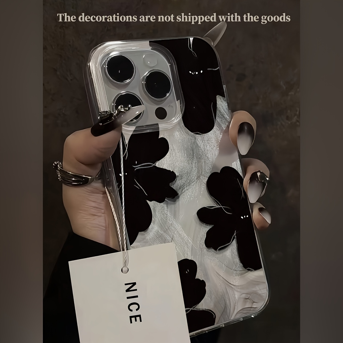 TEMU Black Flower Phone Case, Dual Layer Feather Fleece Shell, Suitable For 16 Pro Max 15 Plus 14 12 11 Protective Cover, Christmas Gift, New Year's